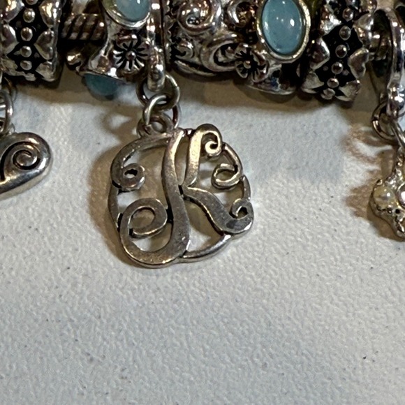 Charm Bracelet Silver Tone with Blue Beads and Heart Detail Jewelry Woman - Picture 4 of 6